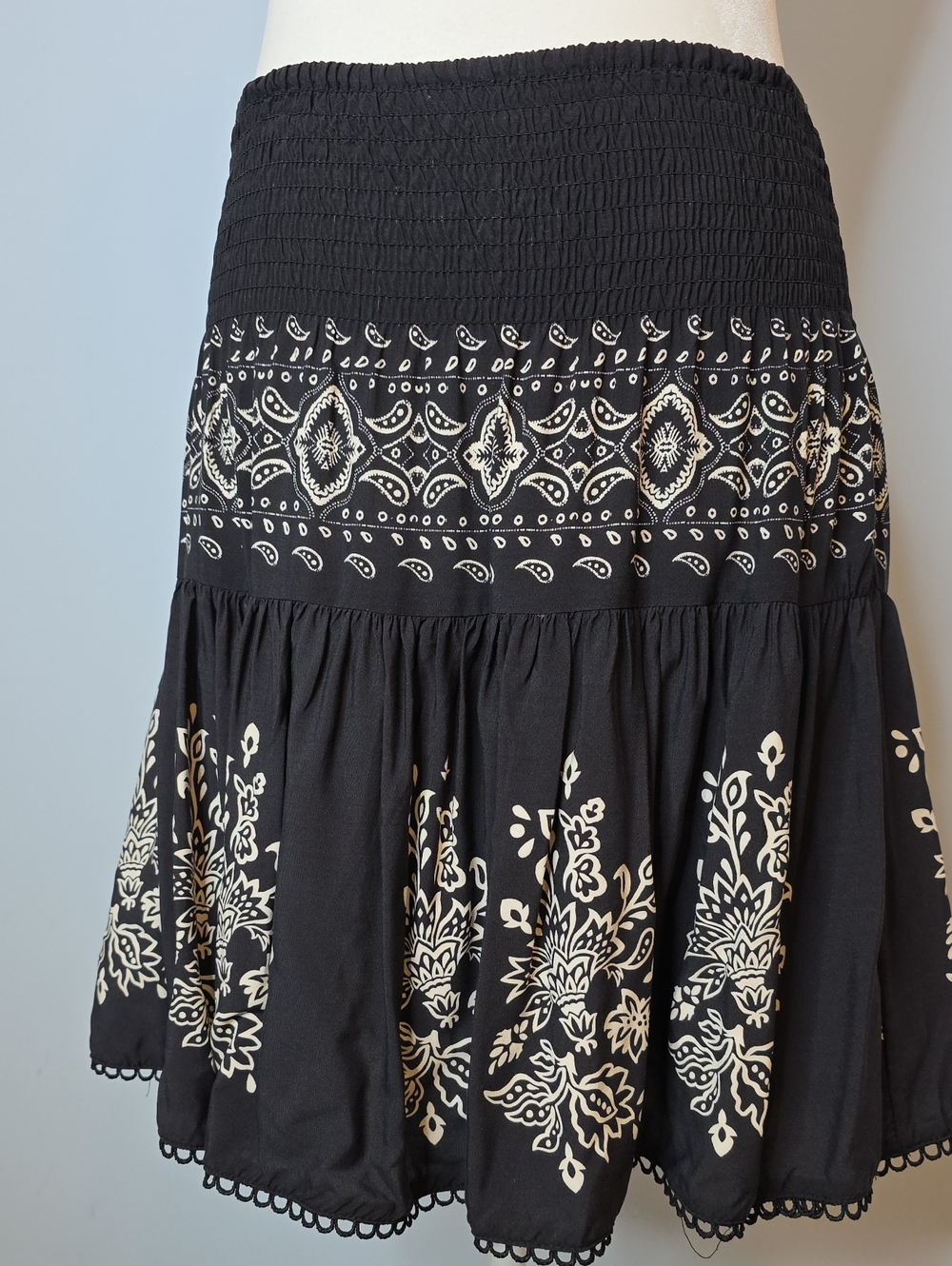 Smocked Black A-Line Skirt with Cream Paisley Motif